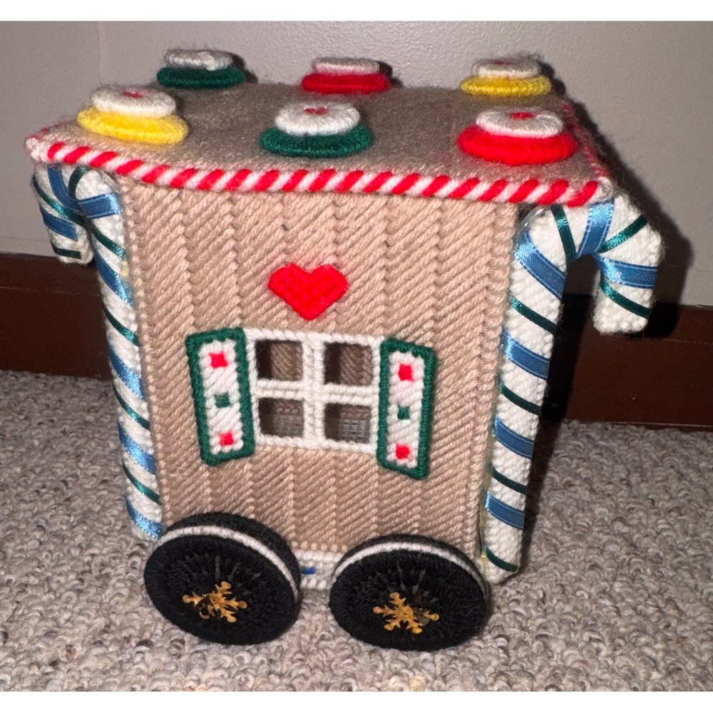 Handmade Needlepoint Plastic Canvas Gingerbread Train Car Christmas Decor 9in